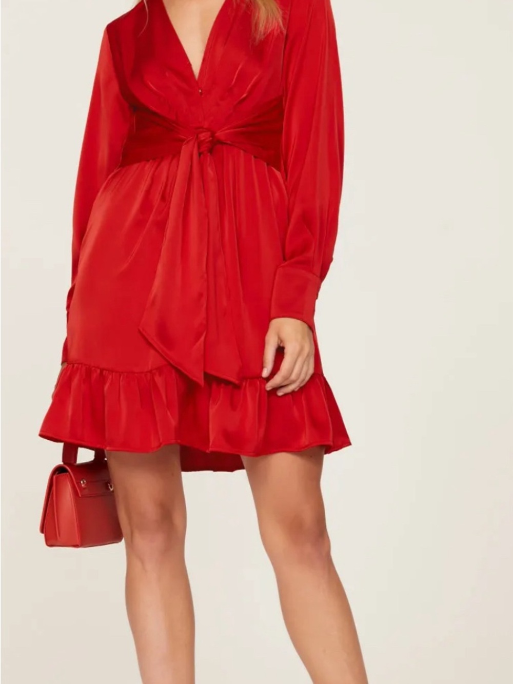 Marissa Webb Red Long-Sleeve Tie-Waist Mini Dress
